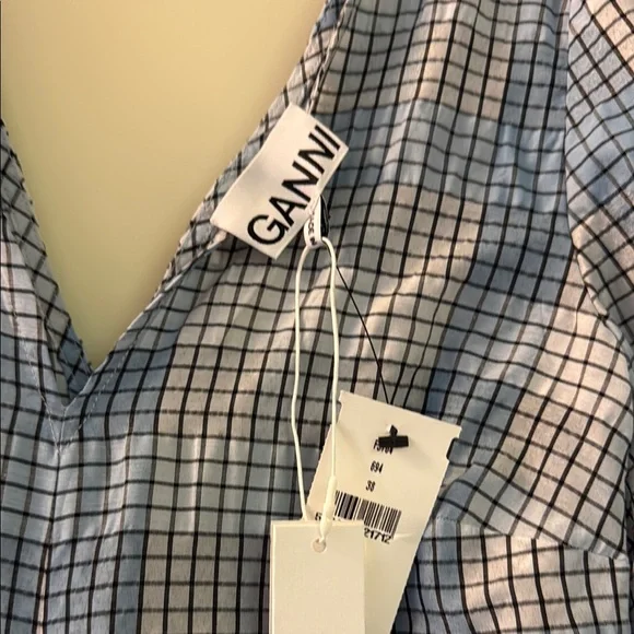ganni blue checkered dress GANNI light blue ruffled seersucker checked dress – BOREAL REBORN main image 1
